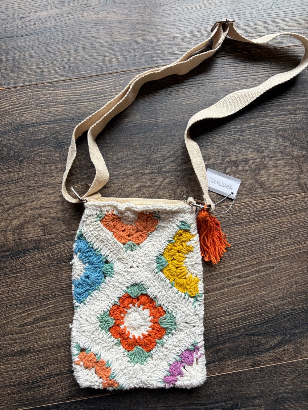 Cream Crochet Crossbody Bag with Colorful Floral Motifs